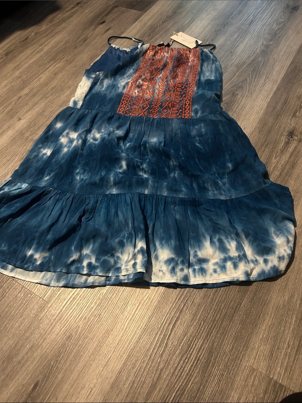 Tie-Dye Navy Blue Sundress with Orange Embroidered Panel